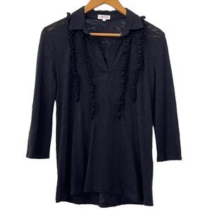 Goldie Lewinter Burn Out Black Long Sleeve Collared Top Ruffles Pima Tee Small